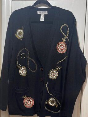Jones New York Black Cardigan with Metallic Embellishments